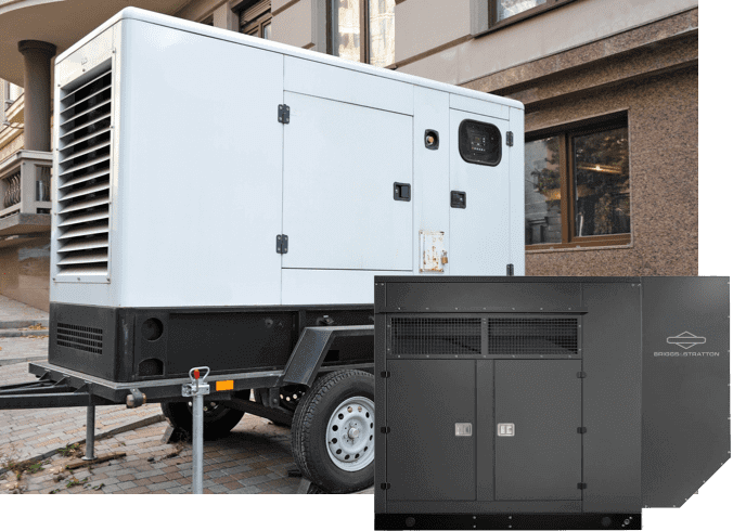 A commercial generator on a trailer outside of a commercial building.