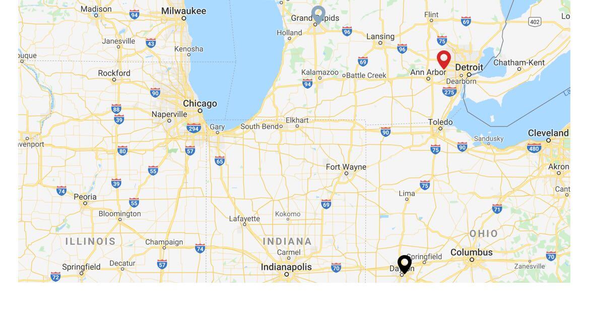 A Zoomed in map showing part of Michigan, Illinois, Indiana, and Ohio. Map markers are placed for Grand Rapids, MI; Wixom, MI; and Dayton, OH.