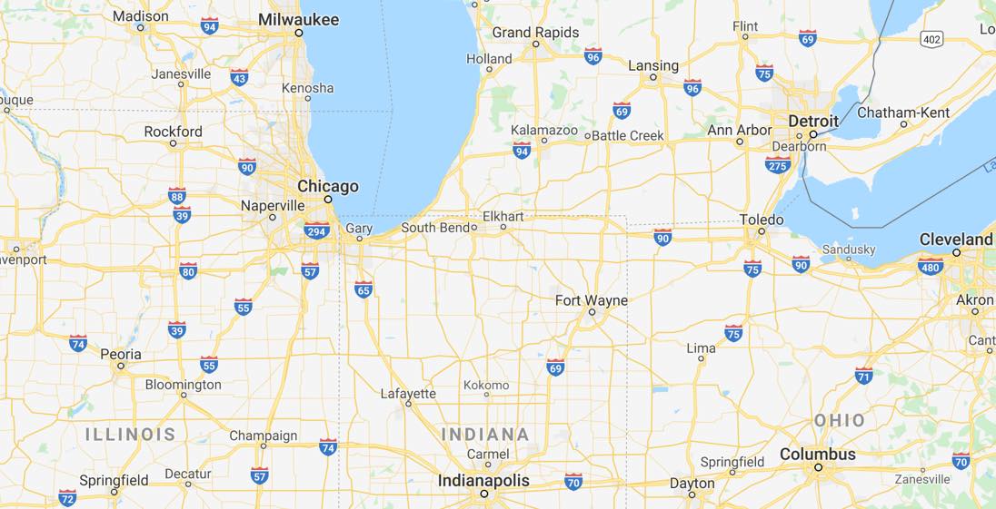 A Zoomed in map showing part of Michigan, Illinois, Indiana, and Ohio. Map markers are placed for Grand Rapids, MI; Wixom, MI; and Dayton, OH.