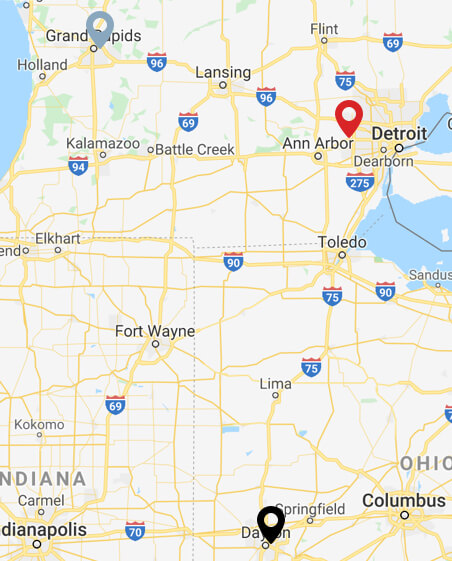 A Zoomed in map showing part of Michigan, Illinois, Indiana, and Ohio. Map markers are placed for Grand Rapids, MI; Wixom, MI; and Dayton, OH.