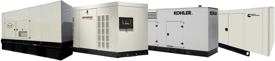 A lineup of a Taylor generator, a Generac generator, a Kohler generator, and a Cummins generator.