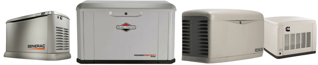 A lineup of a Generac generator, a Briggs & Stratton generator,  a Kohler generator, and a Cummins generator.